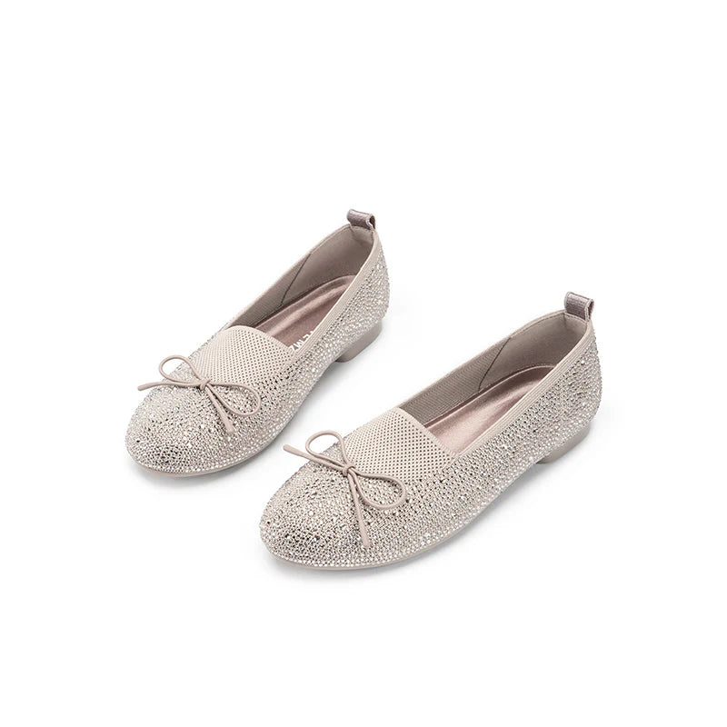 Rhinestone Bow Knit Round Toe Ballet Flats - Taupe