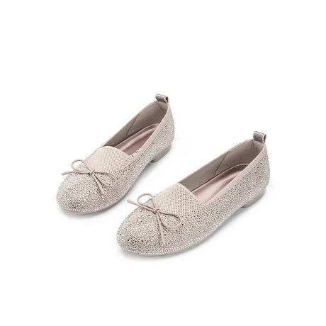 Rhinestone Bow Knit Round Toe Ballet Flats - Taupe