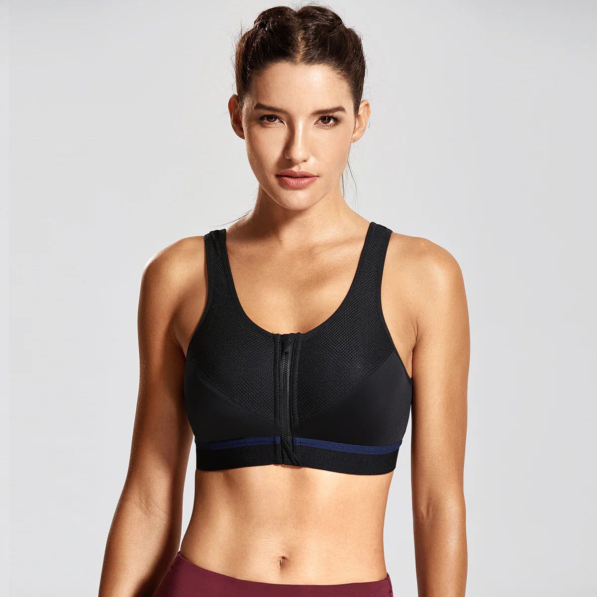 Full Zip Front High Support Wireless Sports Bra  - Black