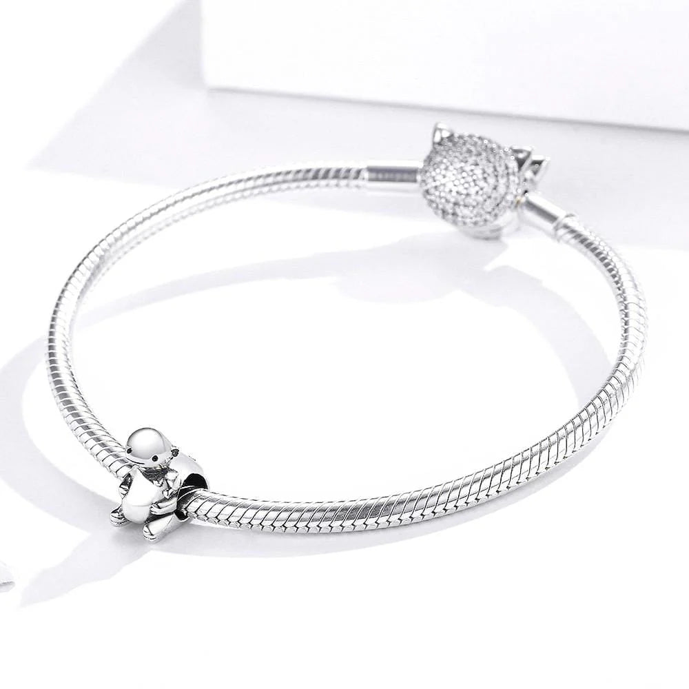 Solid 925 Sterling Silver Baby and Mama Beaver Animal Hugging Pandora Inspired Charm