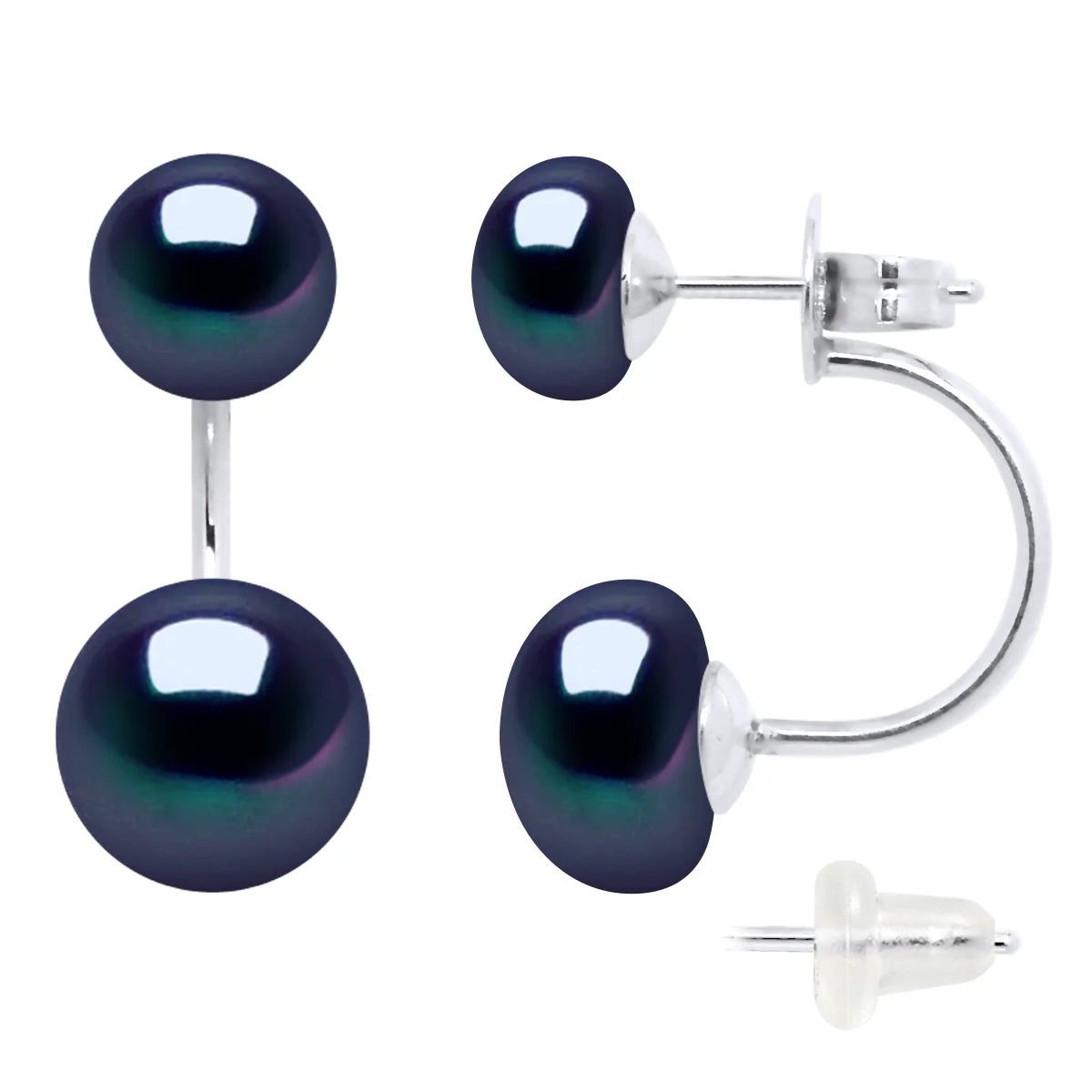 Earrings Duo Button Freshwater Pearl Black Sterling Silver