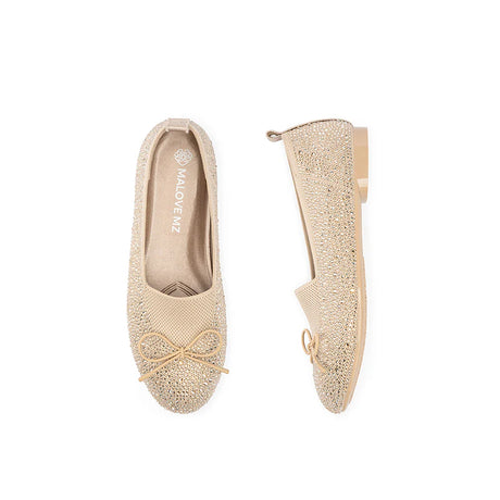 Rhinestone Bow Knit Round Toe Ballet Flats - Champange
