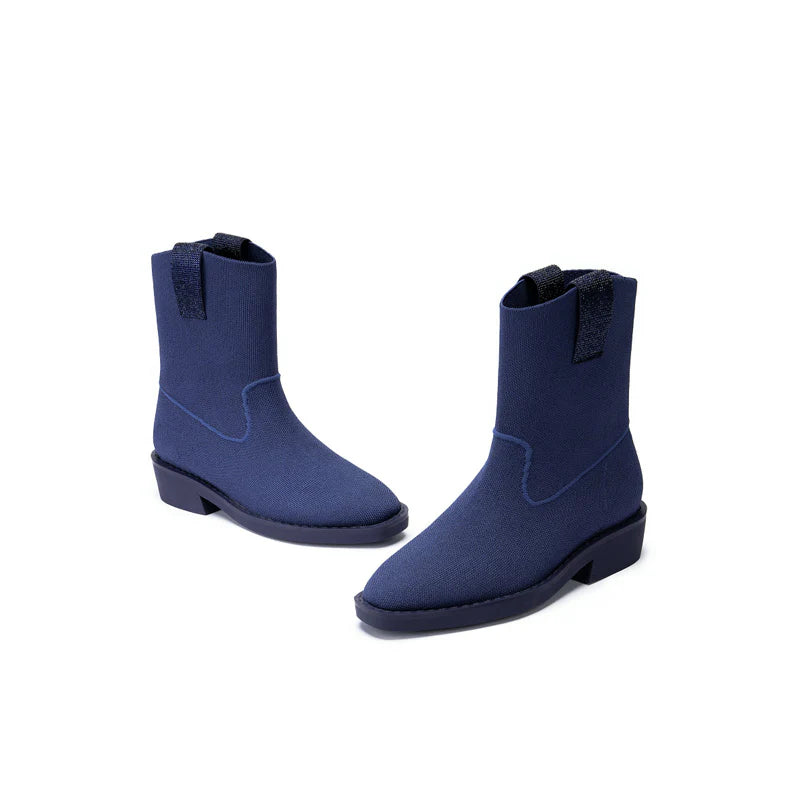 Knit Block Heel Ankle Boots - Navy
