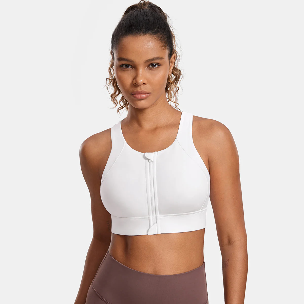Power On Zip Front Racerback High Impact Sports Bra - White
