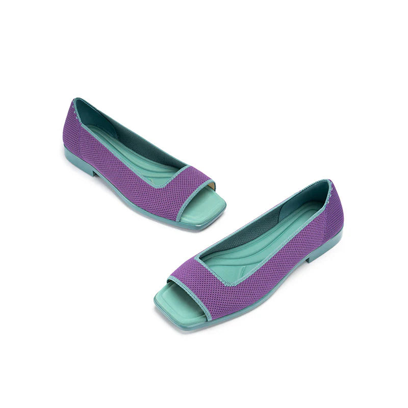 Colorblock Peep Toe Knit Flats - Purple