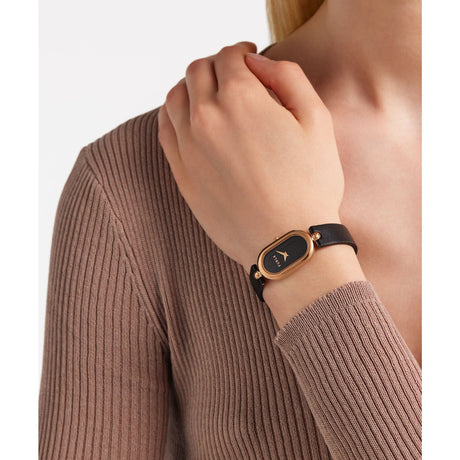 Furla Ooh Rose 32mm Oval Rose Gold-Tone Case with Black Leather Strap