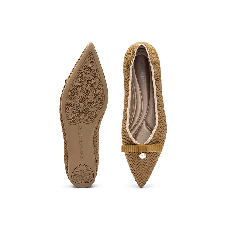 Sarah Casual Pearl Bow Commuter Flats - Tan
