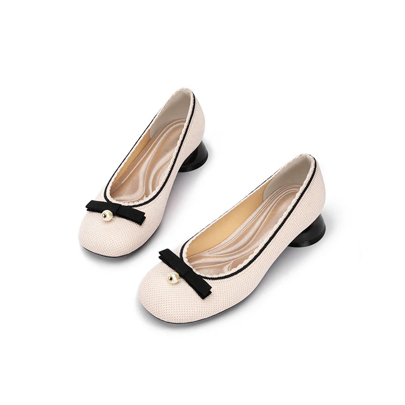 Pearl Bow Knit Square Toe Loafer Pumps - Ivory