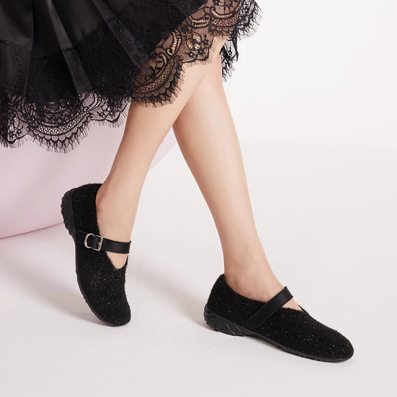 Fuzzy Mary Jane Flats - Black