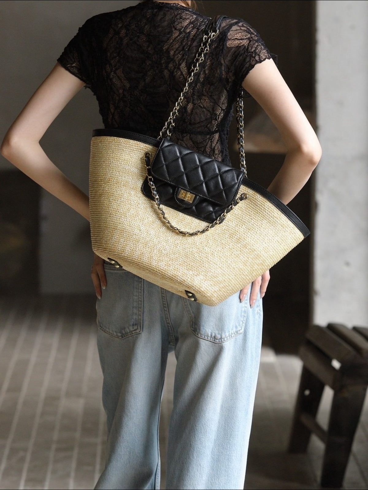 Hand-Woven Straw Basket Tote with Quilted Chain Flap - Black
