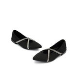 Rhinestone Cross Strap Pointed Toe Knit Flats - Black