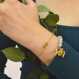 Bullion Gold Pearl Paper Clip Chain Heart Gold Layered Stainless Steel Bracelet