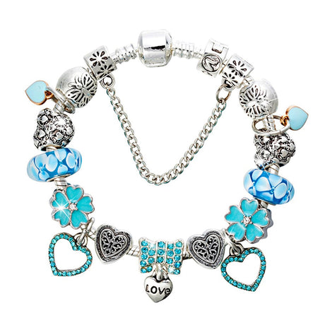 Pandora Inspired Full Set Beaded Charm Bracelet -  Silver/Blue