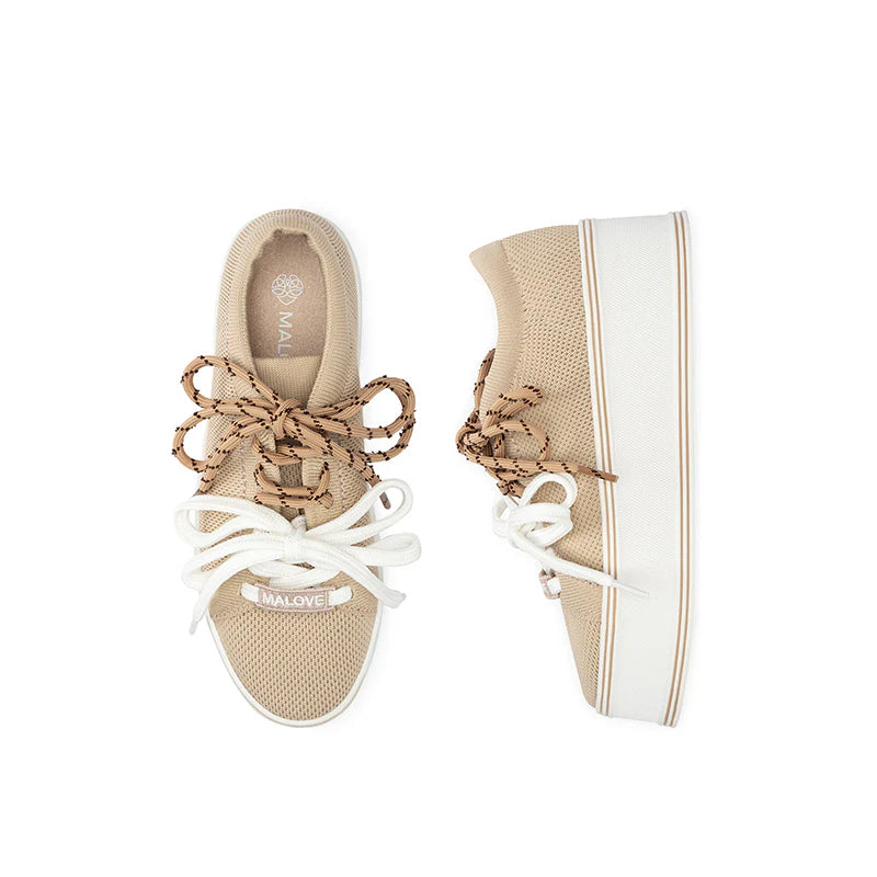 Dual Lace Platform Knit Sneakers - Apricot