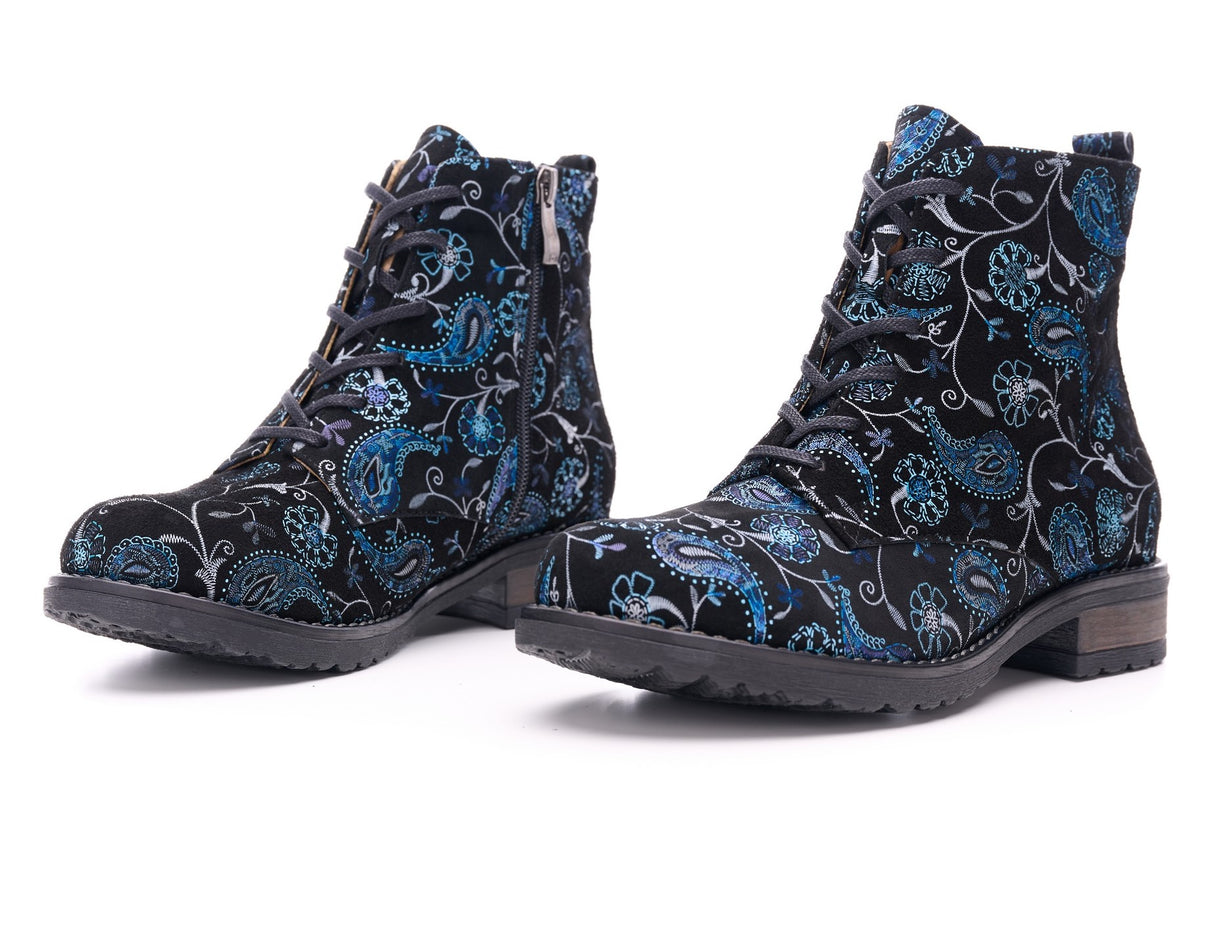 Bosccolo Womens Ankle Boots - Black Blue Embroidery