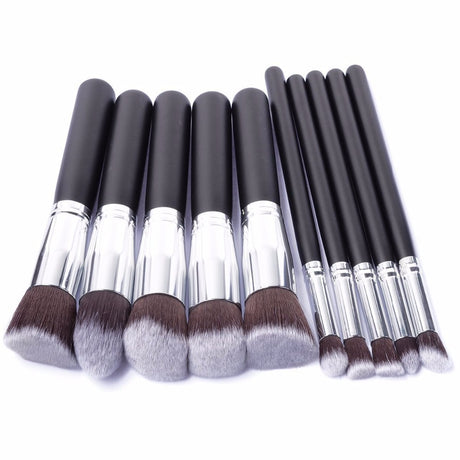 10 Piece Professional Makeup Brush Set Soft Synthetic Black Silver