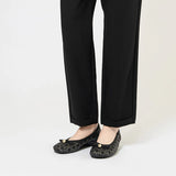 Pearl Bow Czech Crystal Knit Round Toe Wedge Pumps - Black