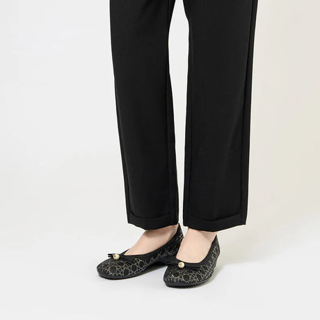 Pearl Bow Czech Crystal Knit Round Toe Wedge Pumps - Black
