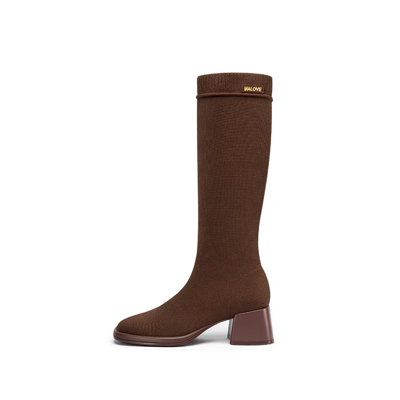 Mademoiselle Round Toe Knee High Sock Boots - Coffee
