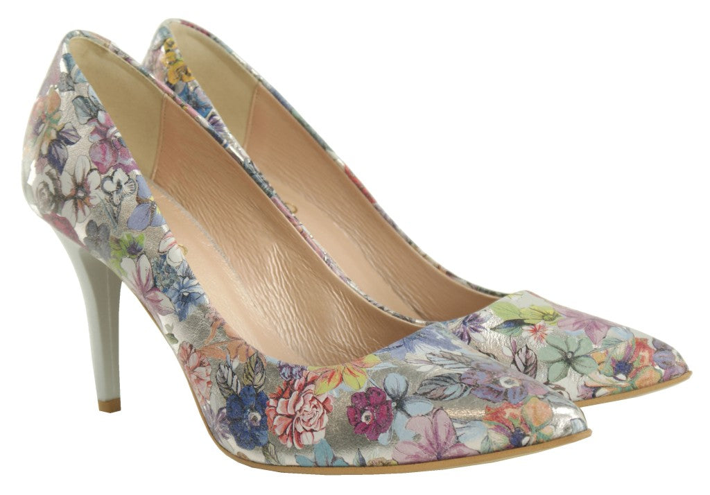 Bosccolo Womens High Heels - Flowers On Silver
