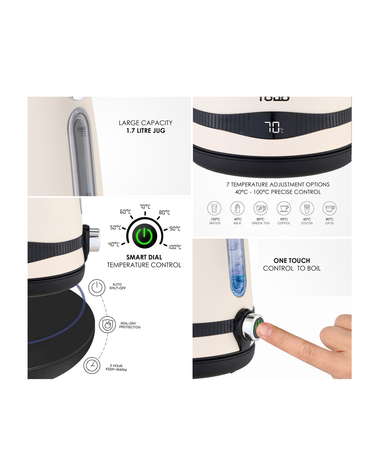 TODO 1.7L Stainless Steel Cordless Kettle Keep Warm Electric Led Water Jug - Cream