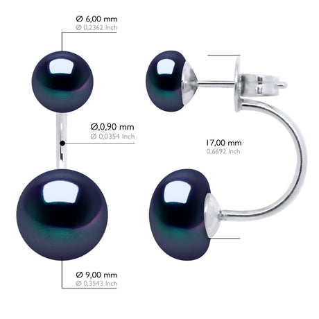 Earrings Duo Real Cultured Freshwater Pearls Button 6 and 9 mm - "Black Tahitian Style" - Longueur 18 cm