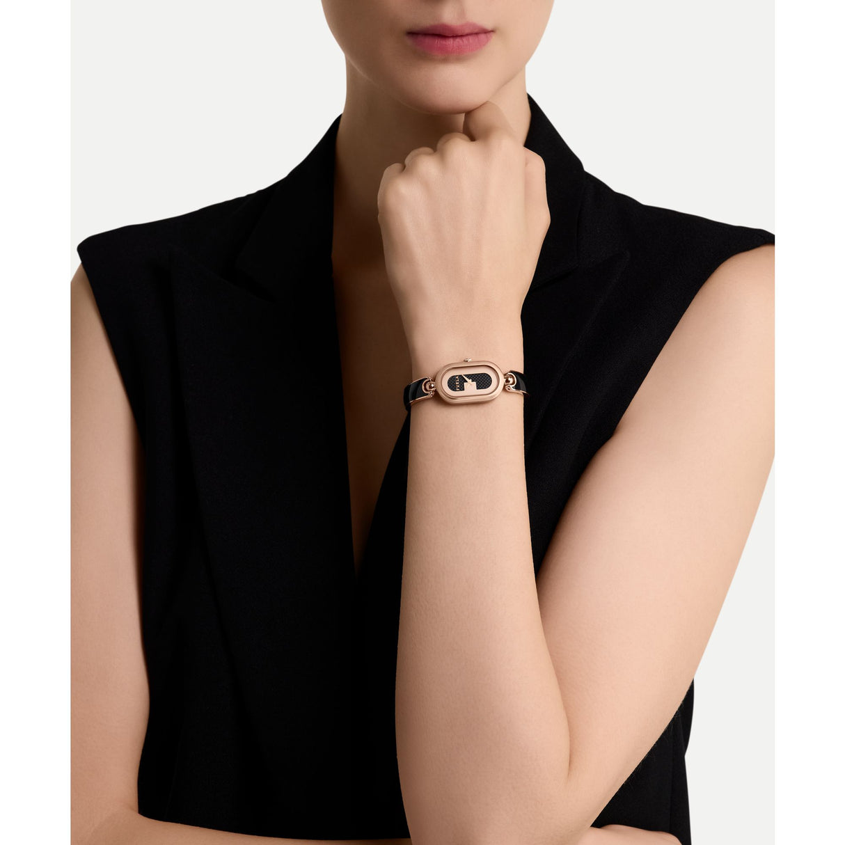 Furla Ooh Rose Gold-Tone 19mm Black Enamel Bangle Watch
