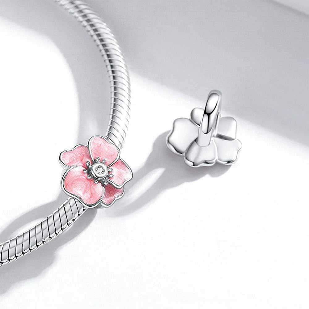 Solid 925 Sterling Silver Inlay Pink Floral Pandora Inspired Charm