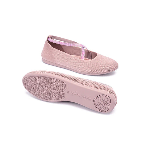 Rhinestone Cross Strap Knit Ballet Flats - Pink