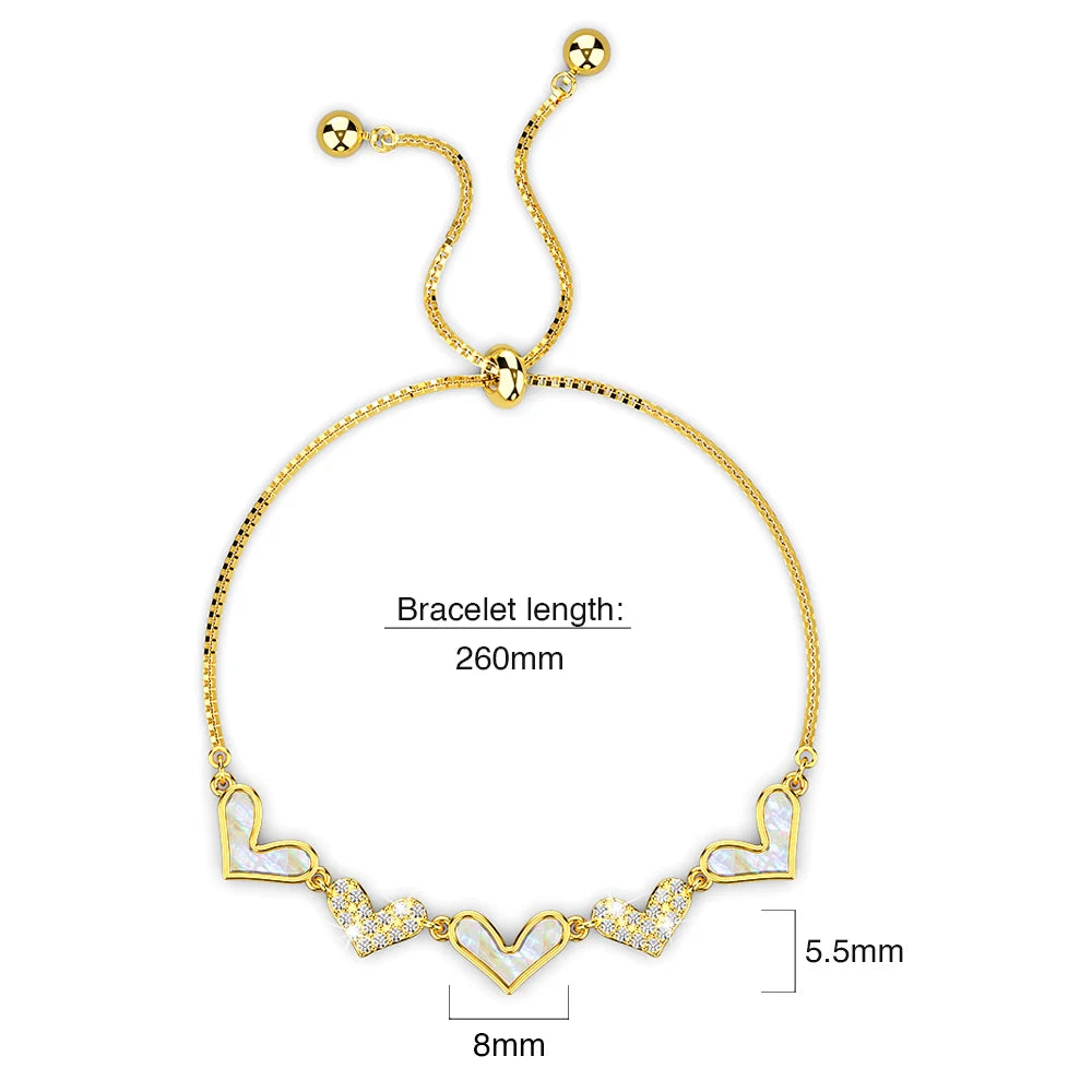 Bullion Gold Laurel Diamonelle Hearts on Mother of Pearl Shell Adjustable Slider Bracelet Gold