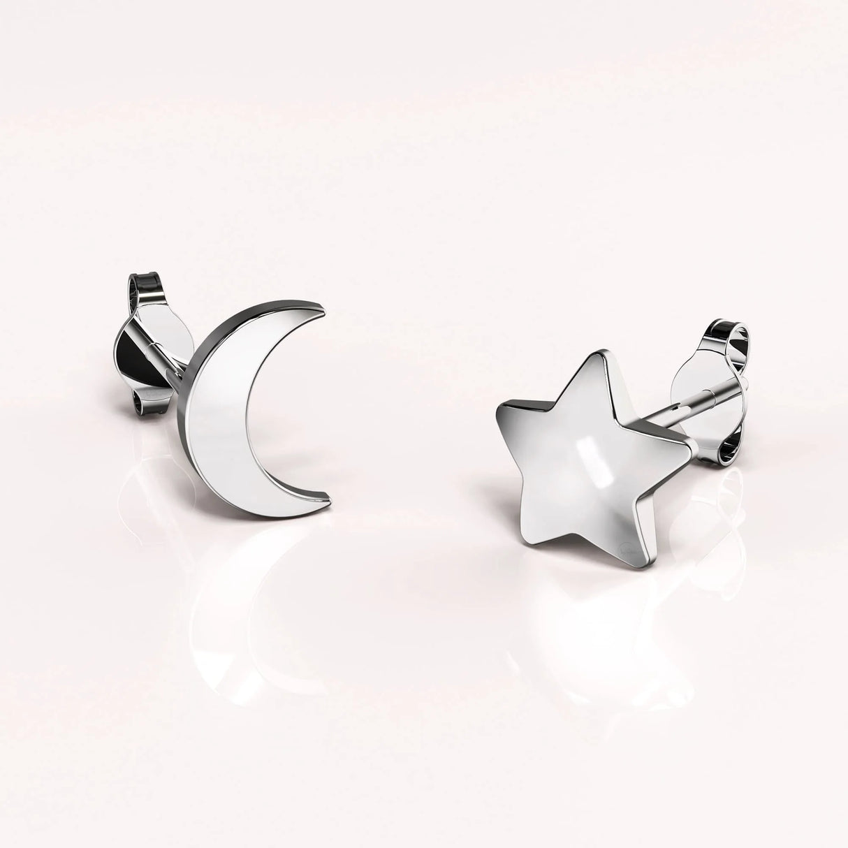 Solid 925 Sterling Silver Crescent Moon and Star Stud Earrings