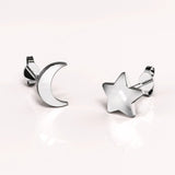Solid 925 Sterling Silver Crescent Moon and Star Stud Earrings