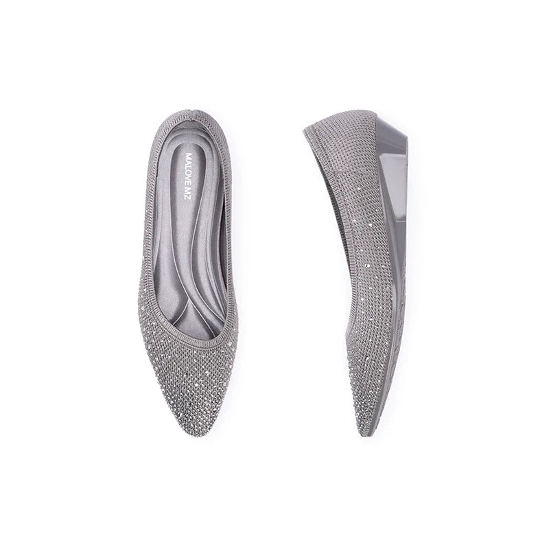 Rhinestone Gradient Knit Pointed Toe Wedge Flats - Grey