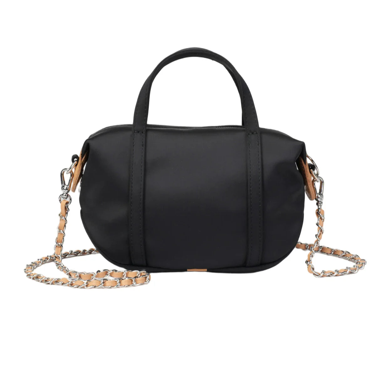 BAMEI Mini Triacetate Satin Boston Bag with Leather Chain Strap - Black
