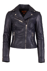 Womens Leather Jacket in Night Blue with Zips