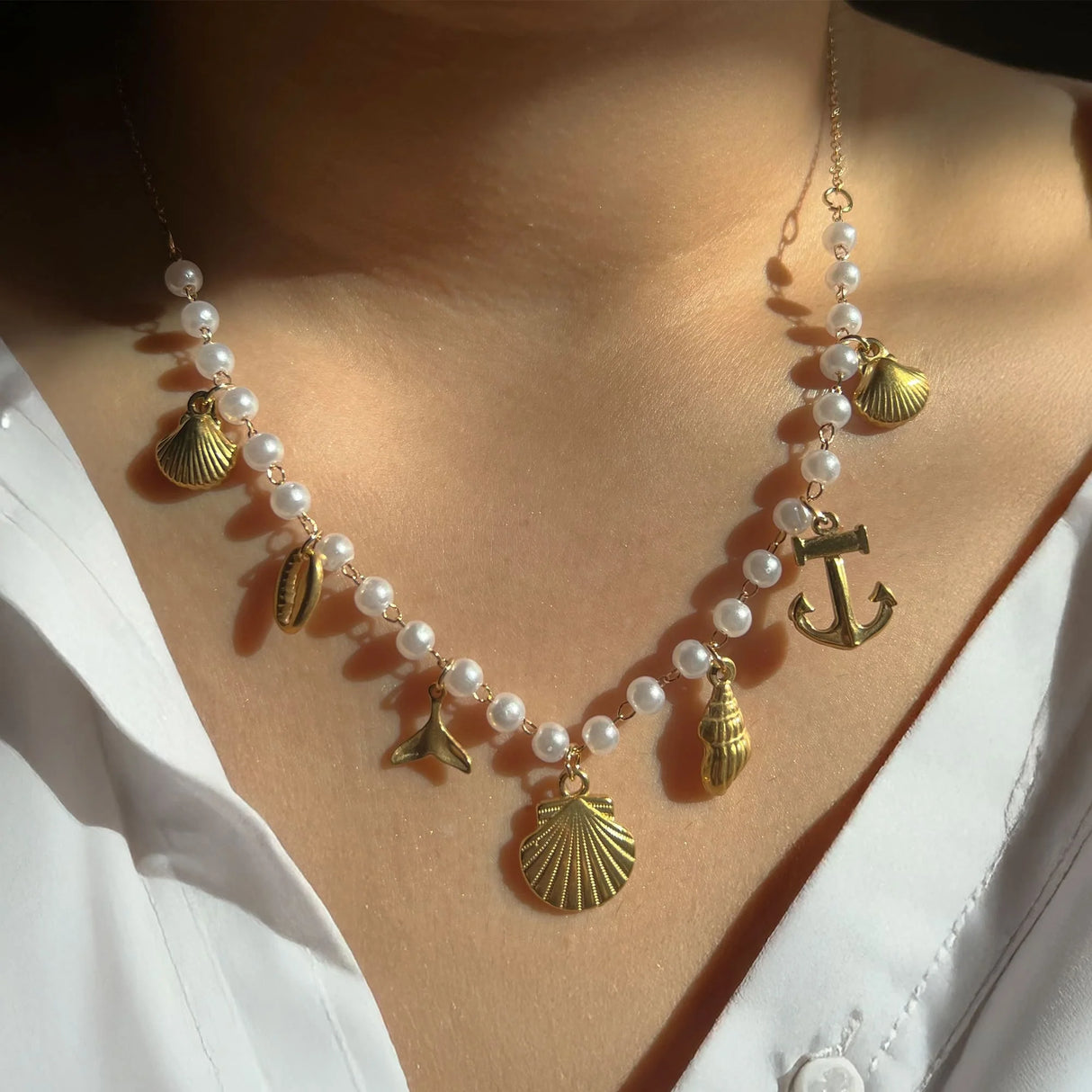 Bullion Gold Beaded Sea Pearl Charm Gold Necklace