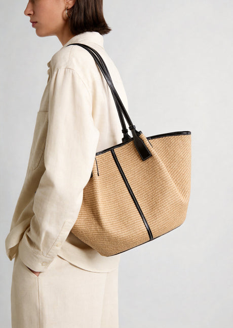Large Paneled Woven Straw Tote Bag - Natural