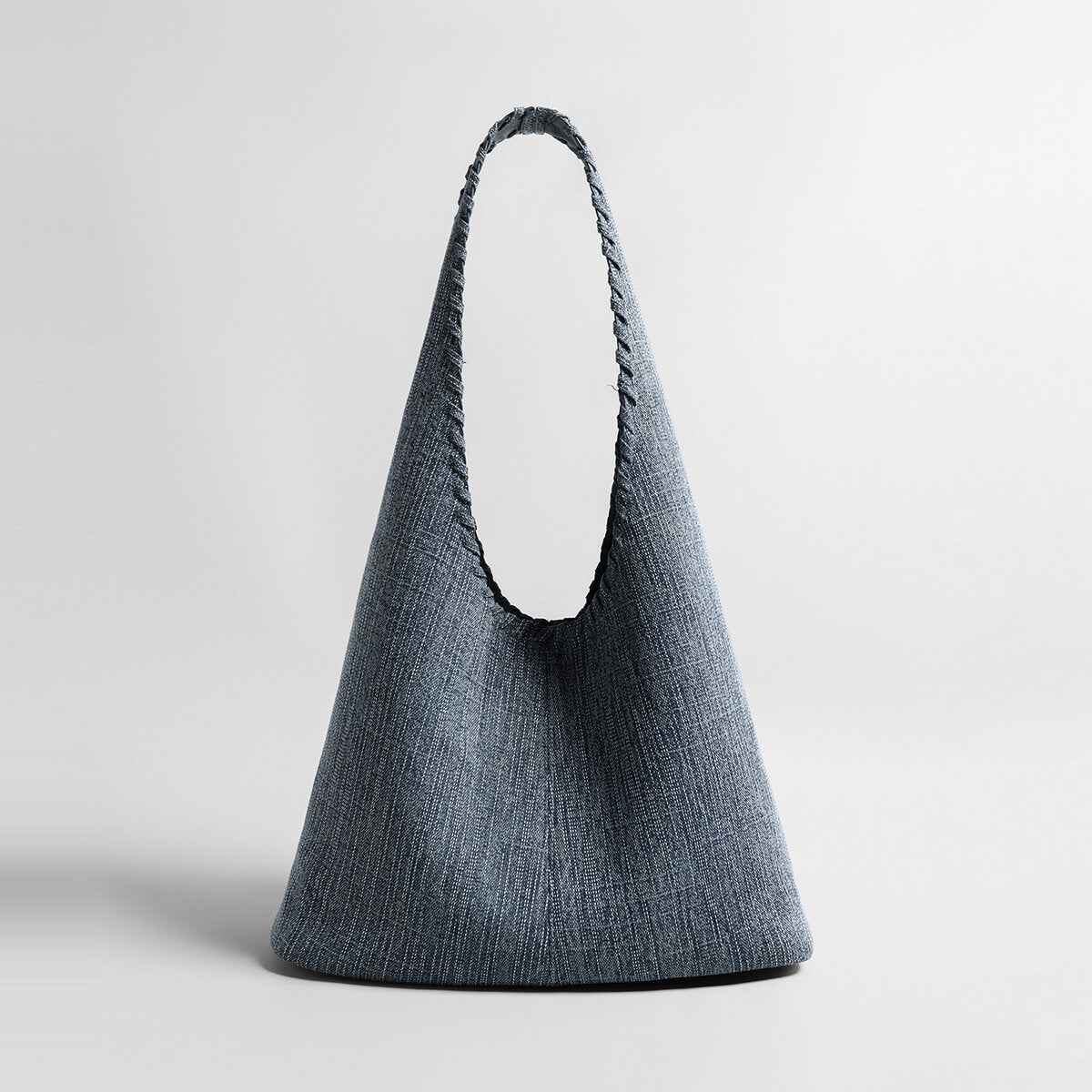 Textured Denim-Style Woven Hobo Tote Bag - Denim