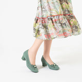 Pearl Bow Mesh Knit Round Toe Pumps - Green