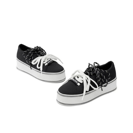 Dual Lace Platform Knit Sneakers - Black
