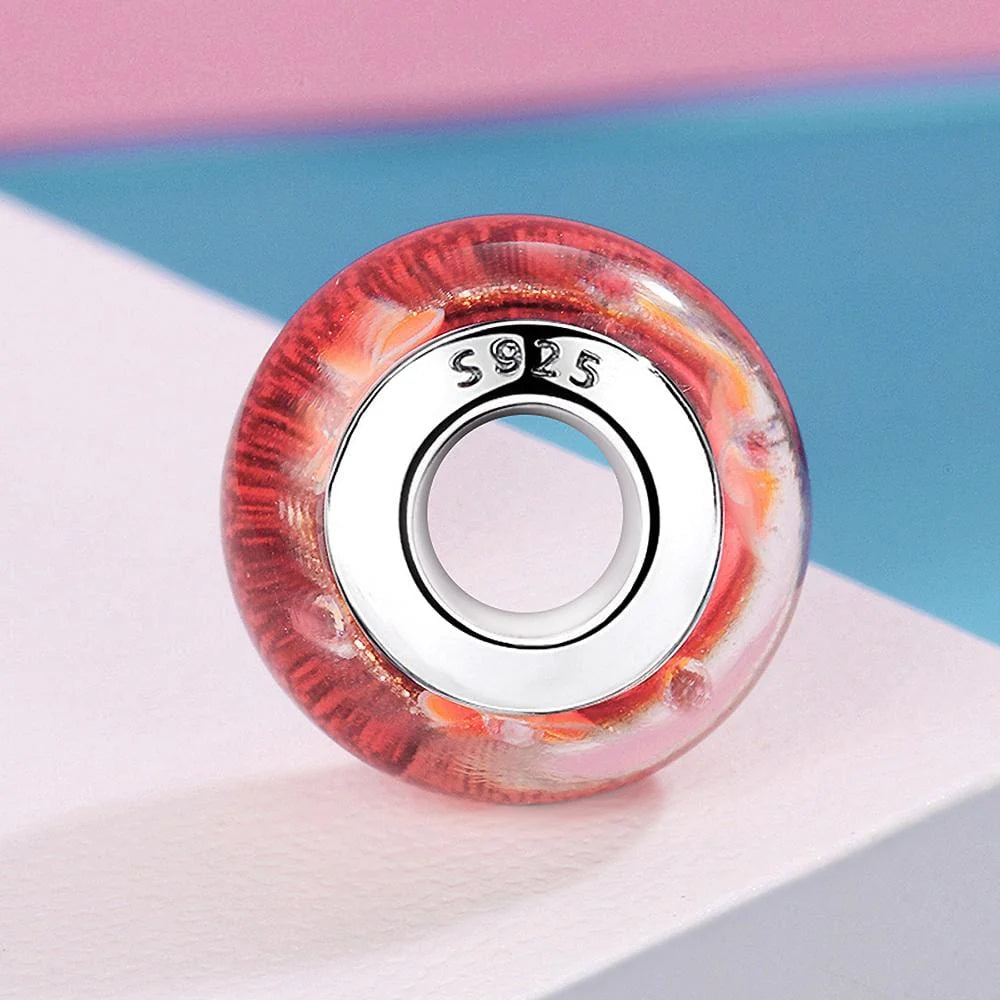 Solid 925 Sterling Silver Bright Orange Blossom Inclusion Murano Glass Charm