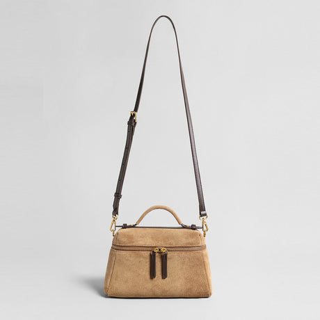 Suede Leather Structured Shoulder Bag - Camel