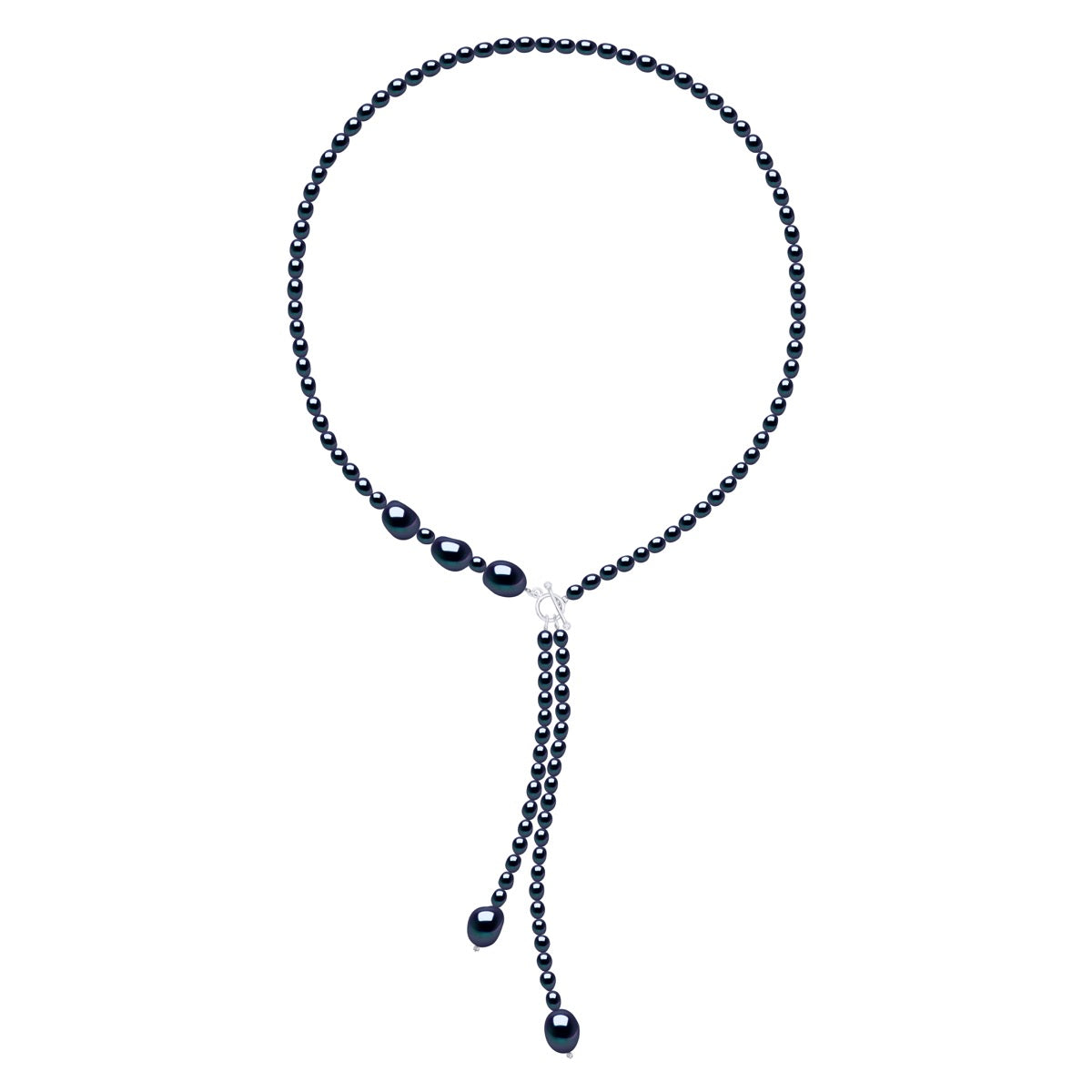 Necklace Tie of Real Cultured Freshwater Pearls Grain of Rice 5 mm and Baroque 11 mm - Black Tahiti - Longueur 42 cm