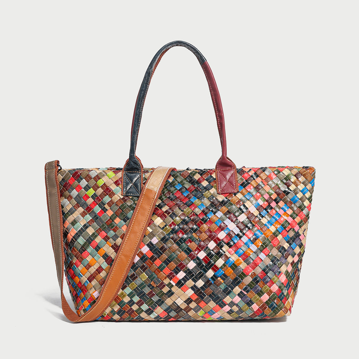 Flamboyant Multicolor Woven Leather Tote Bag - Rainbow