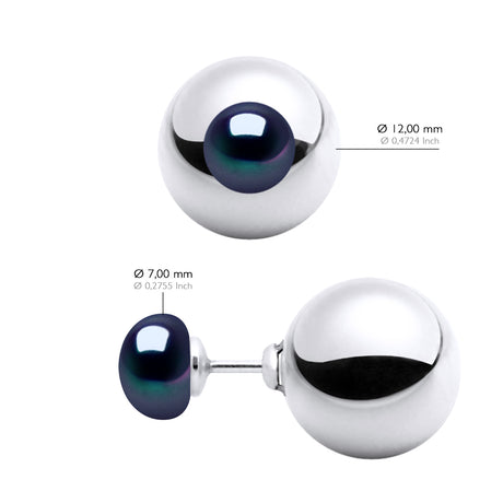 Earrings Both Sides Real Cultured Freshwater Pearls 7 mm - "Black Tahitian Style" - Diameter Ball Silver 925 - 12 mm