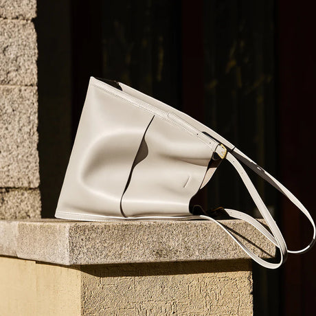 Nalandu Minimal Soft Leather Commuter Tote Bag - Ivory