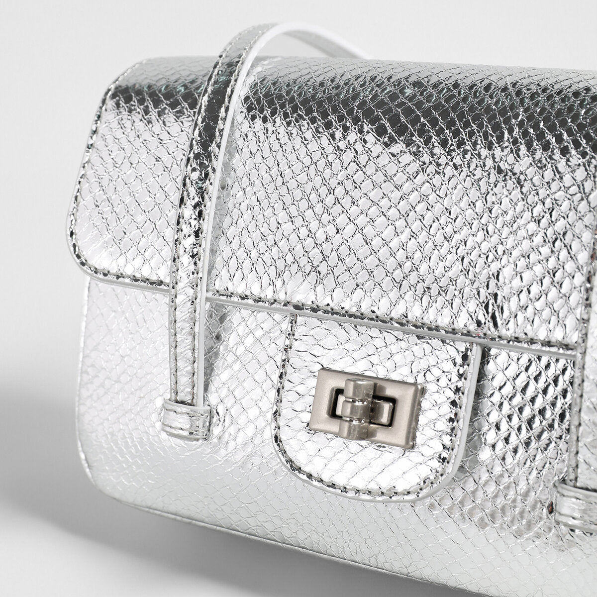 Snake-Embossed Metallic Flap Shoulder Bag - Silver
