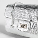 Snake-Embossed Metallic Flap Shoulder Bag - Silver