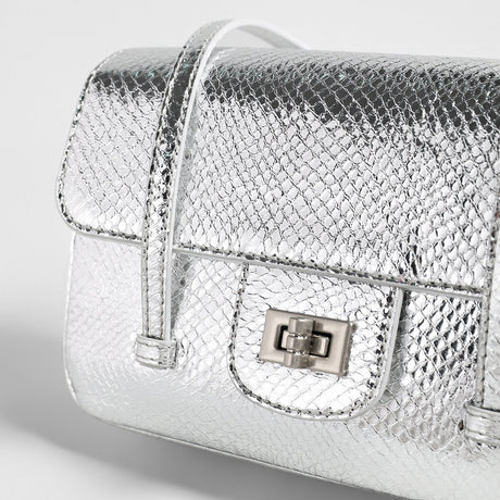 Snake-Embossed Metallic Flap Shoulder Bag - Silver