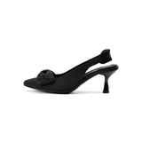 Rhinestone Bow Slingback Kitten Heels - Black